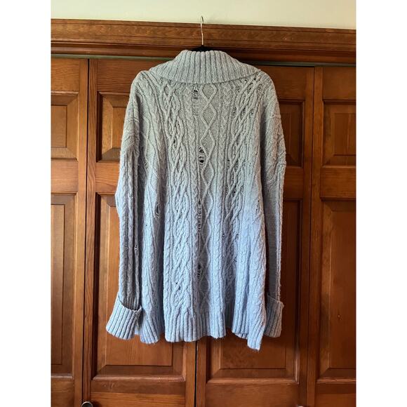 Free People Women's Distressed Complex Cable Knit Sweater Long Sleeve Blue SZ M - Picture 11 of 12